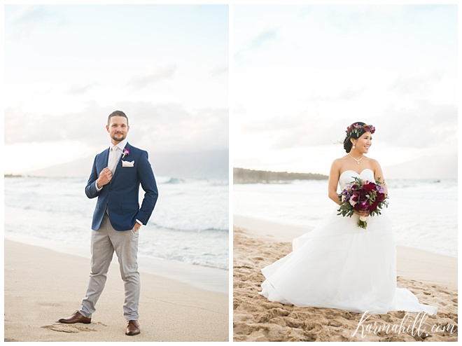Groom at a beach wedding in Hawaii with bride 