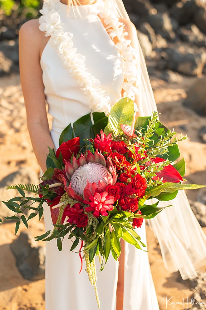 monstera leaf and king protea bridal bouquet 