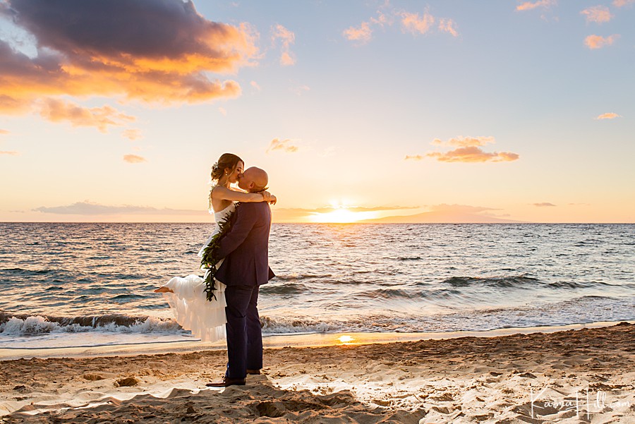 Maui bride and groom at sunset