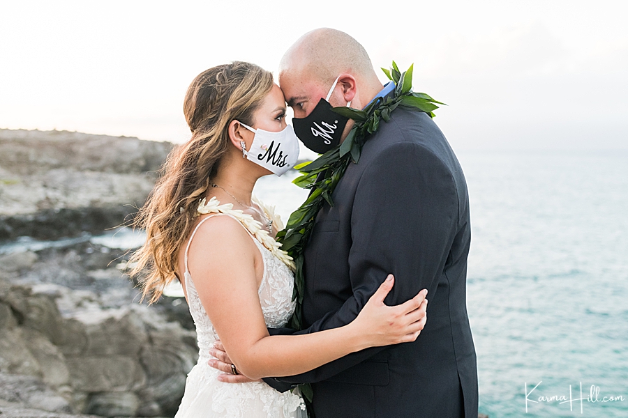 Maui wedding with Mr. and Mrs. masks