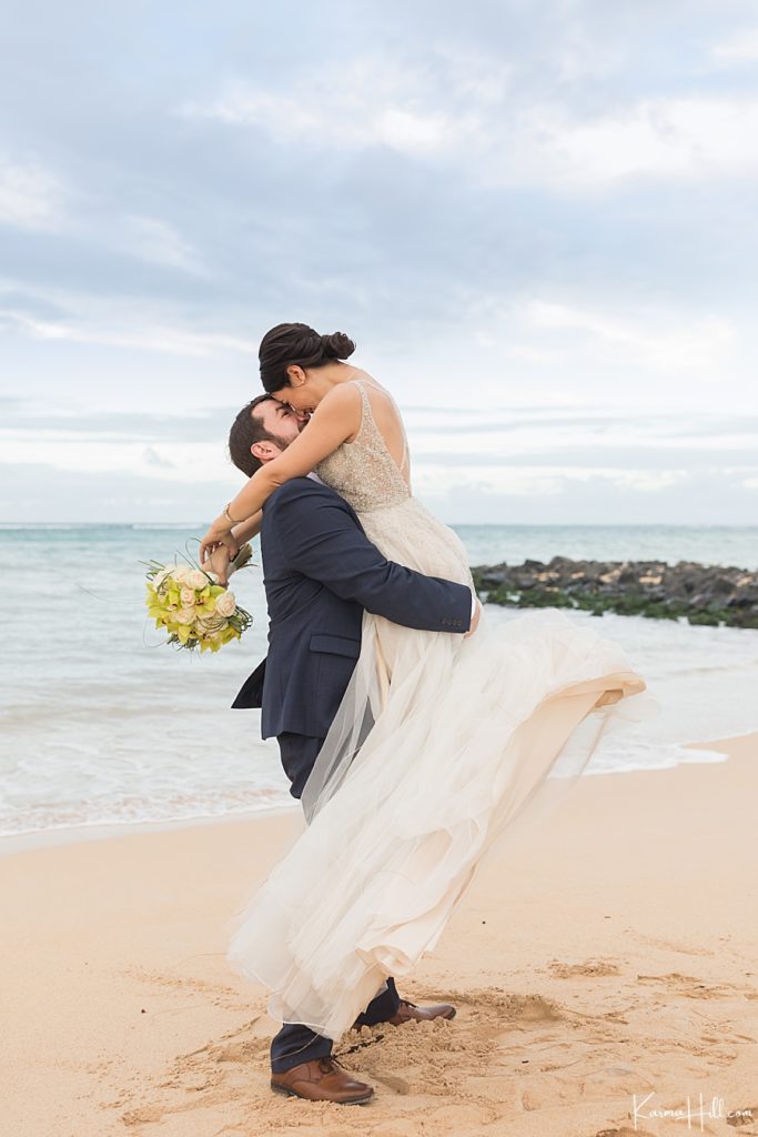 bride and groom beach elopement