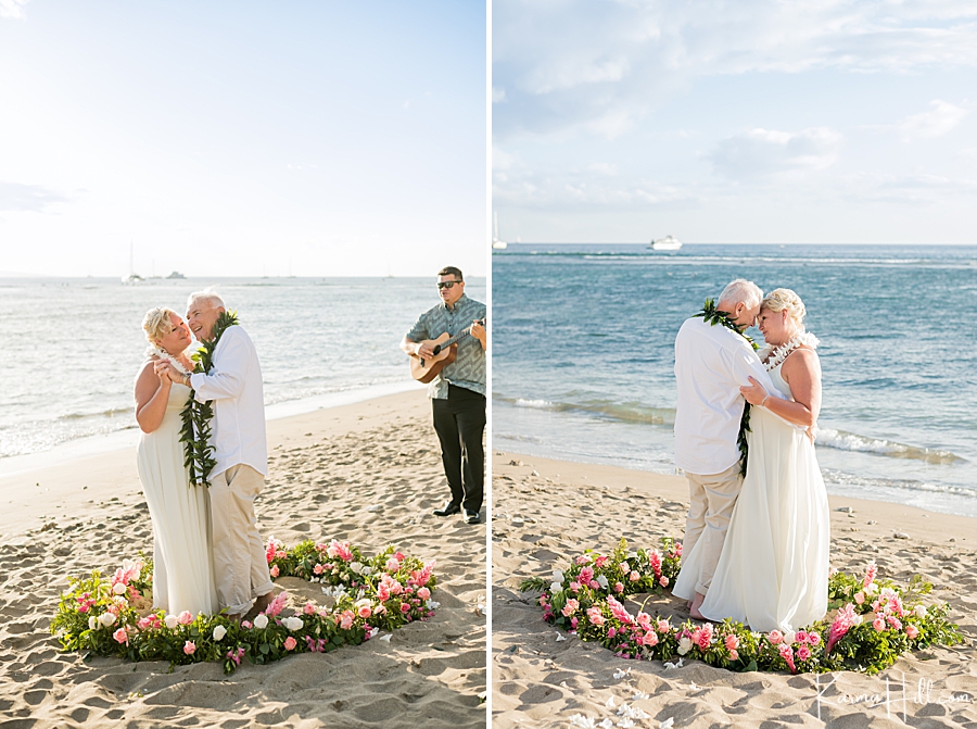 older couple shares their first dance as a married couple in a flower circle on a maui beach  