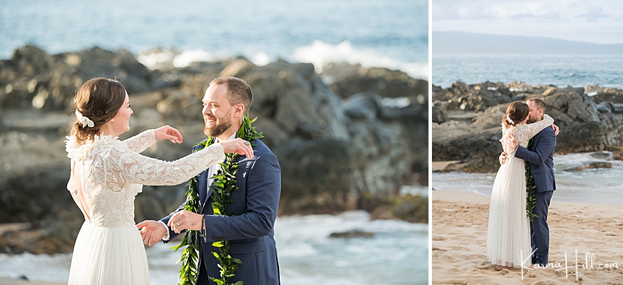 husband and wife share their first kiss on a maui beach 