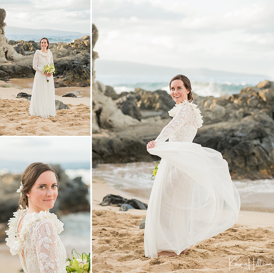 multiple angles of a bride's white wedding dress with lace on the beach 