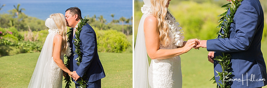 couple get married in hawaii and exchange rings 