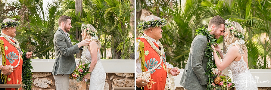 bride and groom exchange leis in hawaii wedding 