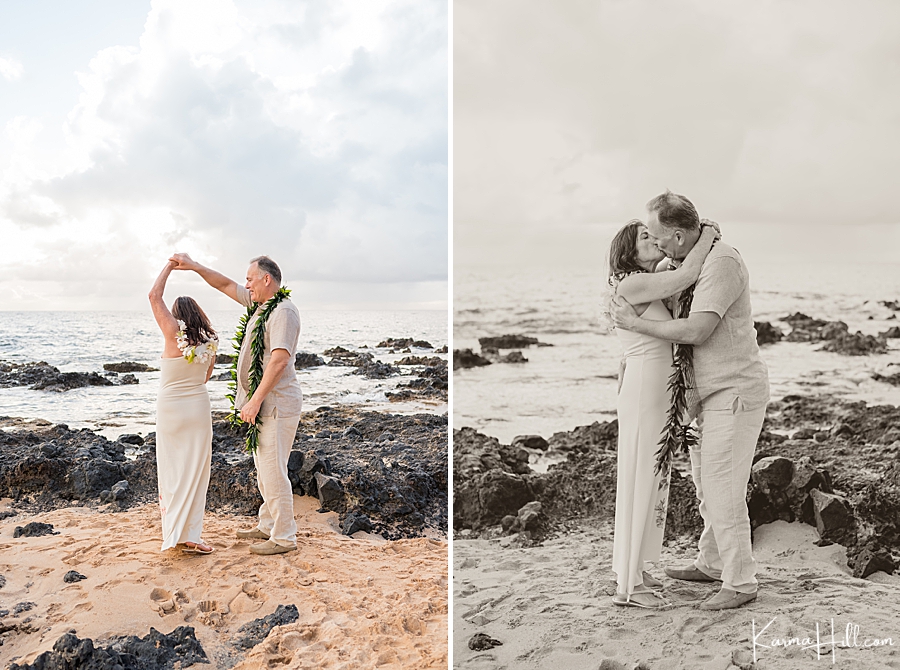 bride and groom dance on maui beach 