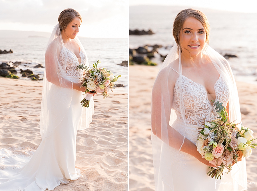 bride wearing a white dress and veil holds a bouquet of eucalyptus and roses on the beach 