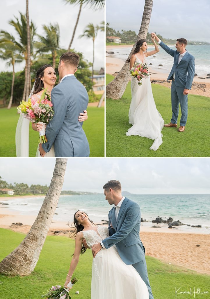bride and groom dance on the 5 palms lawn in hawaii 