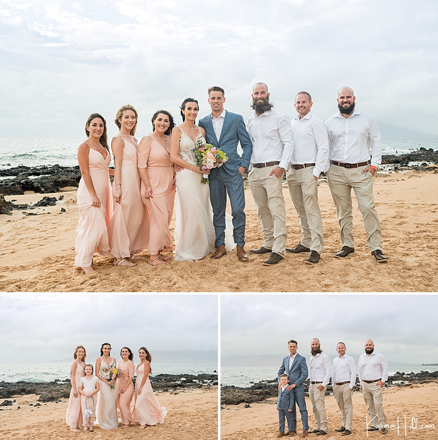 bridal party poses on maui beach with brides mades in blush 