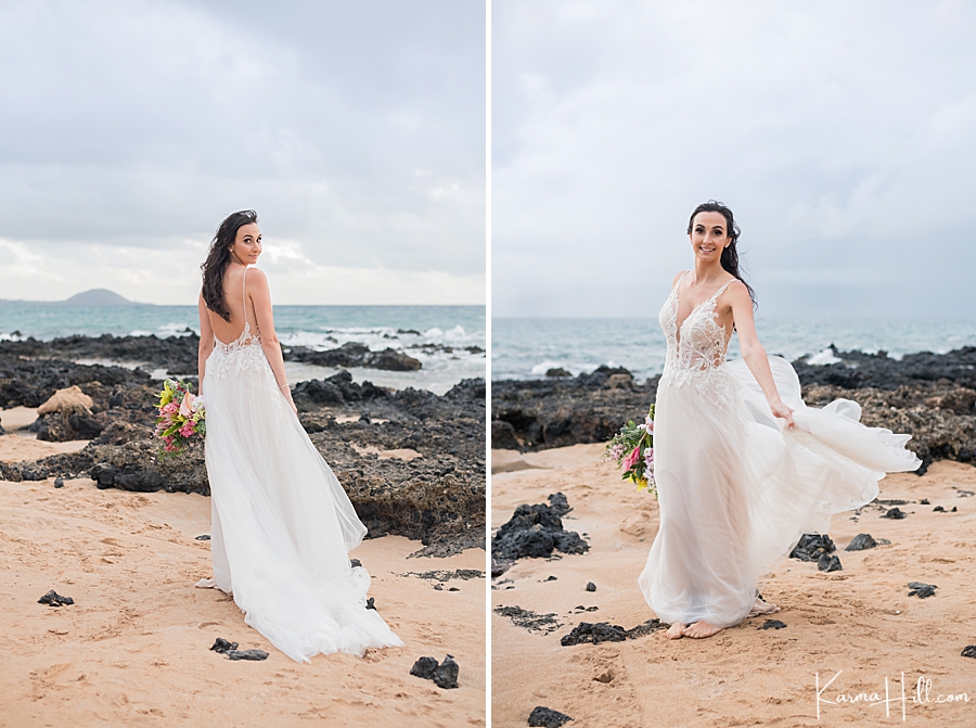bride with lace applique wedding dress on Maui beach 