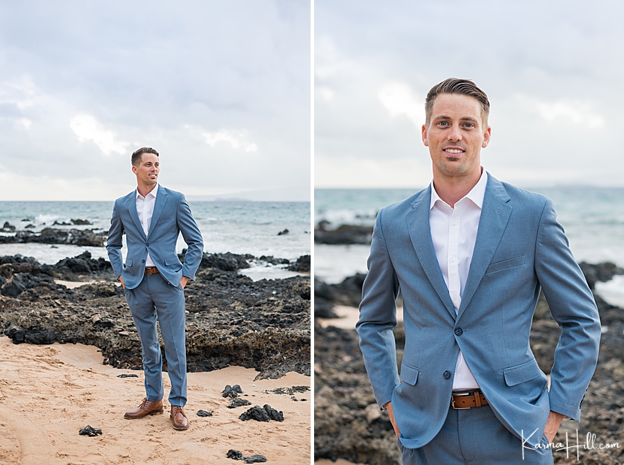 groom in blue suit on maui beach 