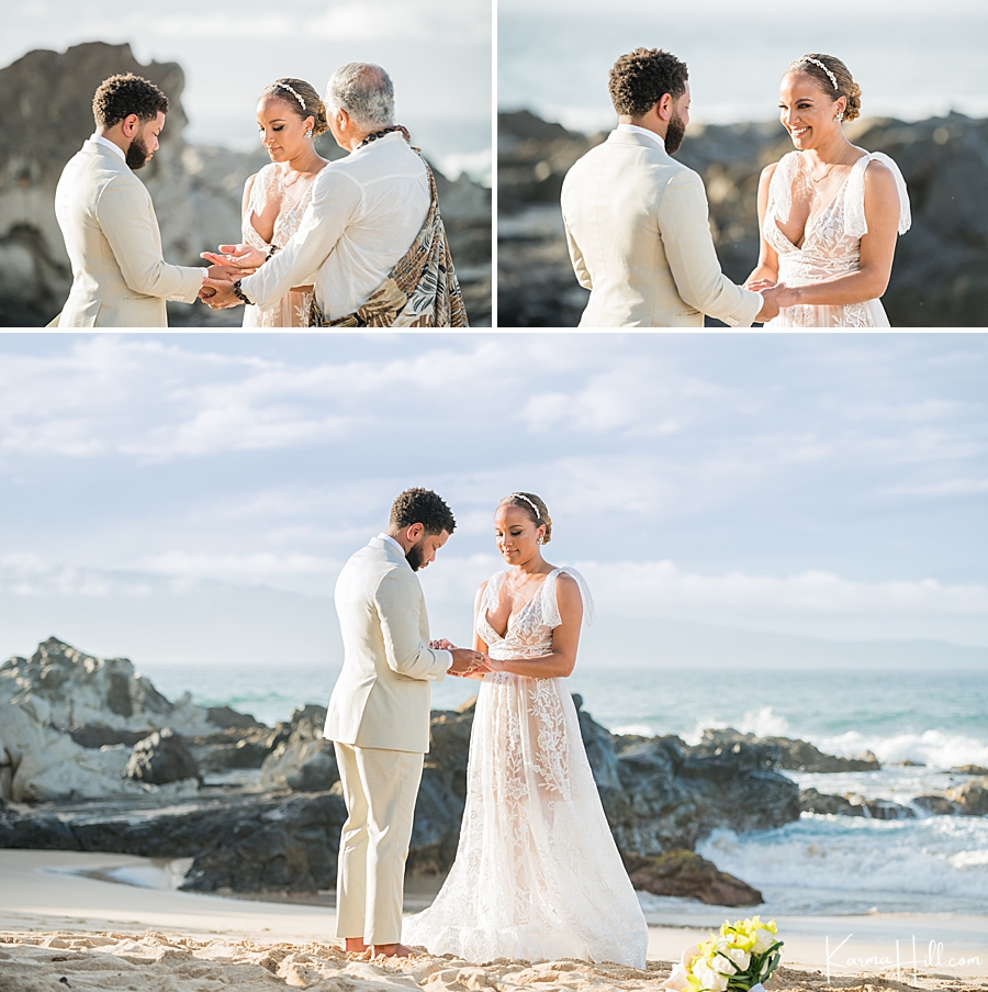 photos of a couple exchanging rings during their beach wedding 