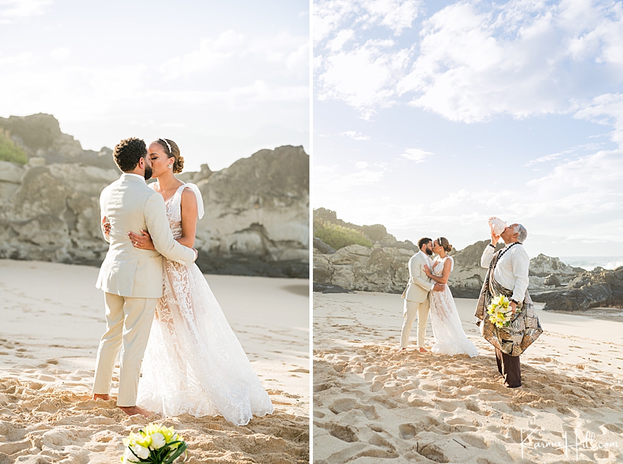 a couple kisses after being wed on a maui beach 