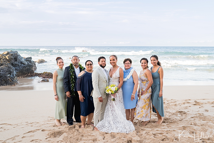 family photos of wedding party after a beach wedding in hawaii 