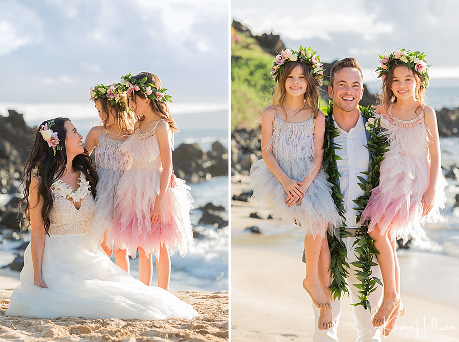 mother and father pose with daughters in fluffy dresses after maui wedding 