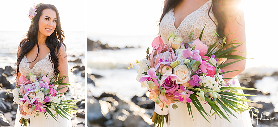 cascading bouquet with roses and tropical flowers 