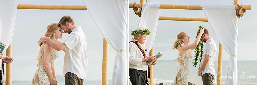 bride and groom exchange leis on maui wedding at the five palms in wailea 