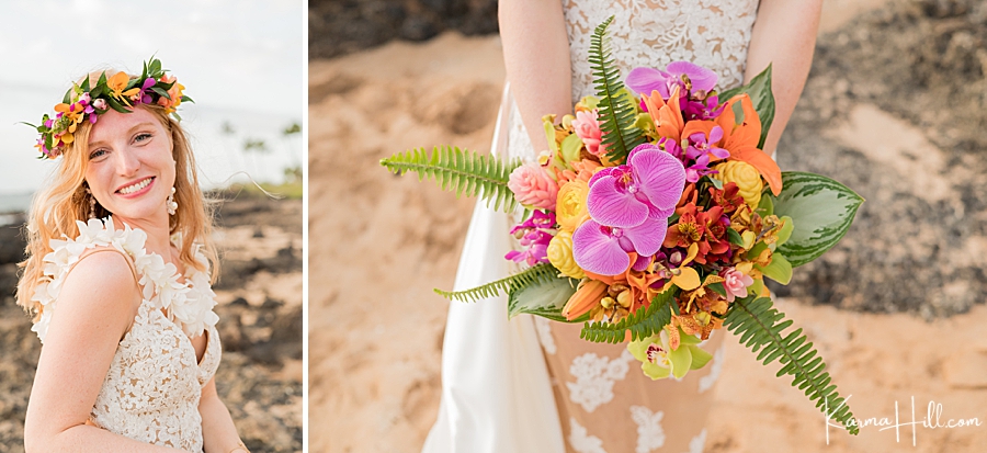 flower crown and matching bouquet for hawaii wedding 