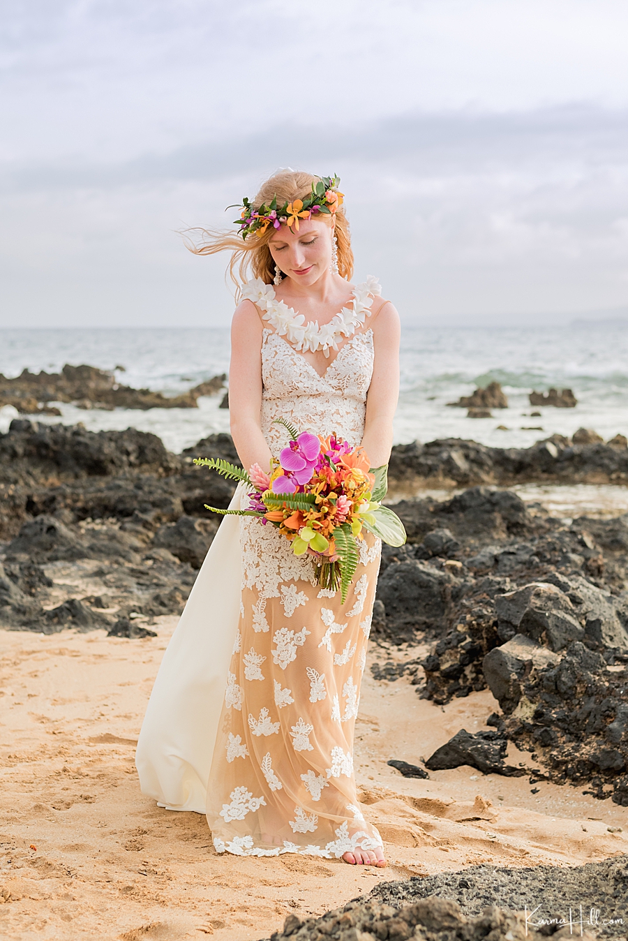 beautiful bride with flower crown and matching bouquet for hawaii wedding 