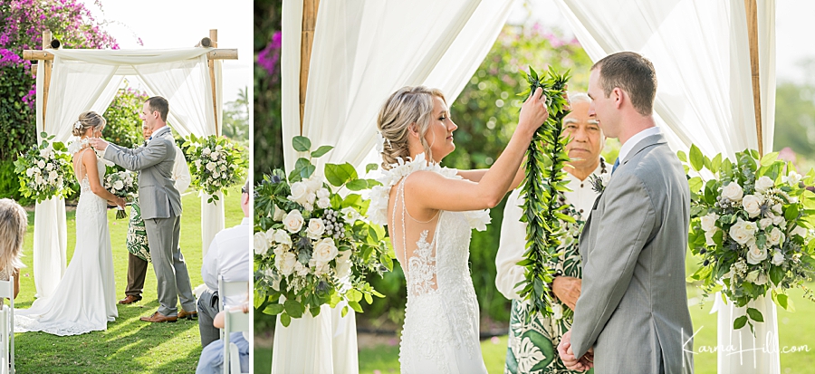 bride and groom exchange leis 