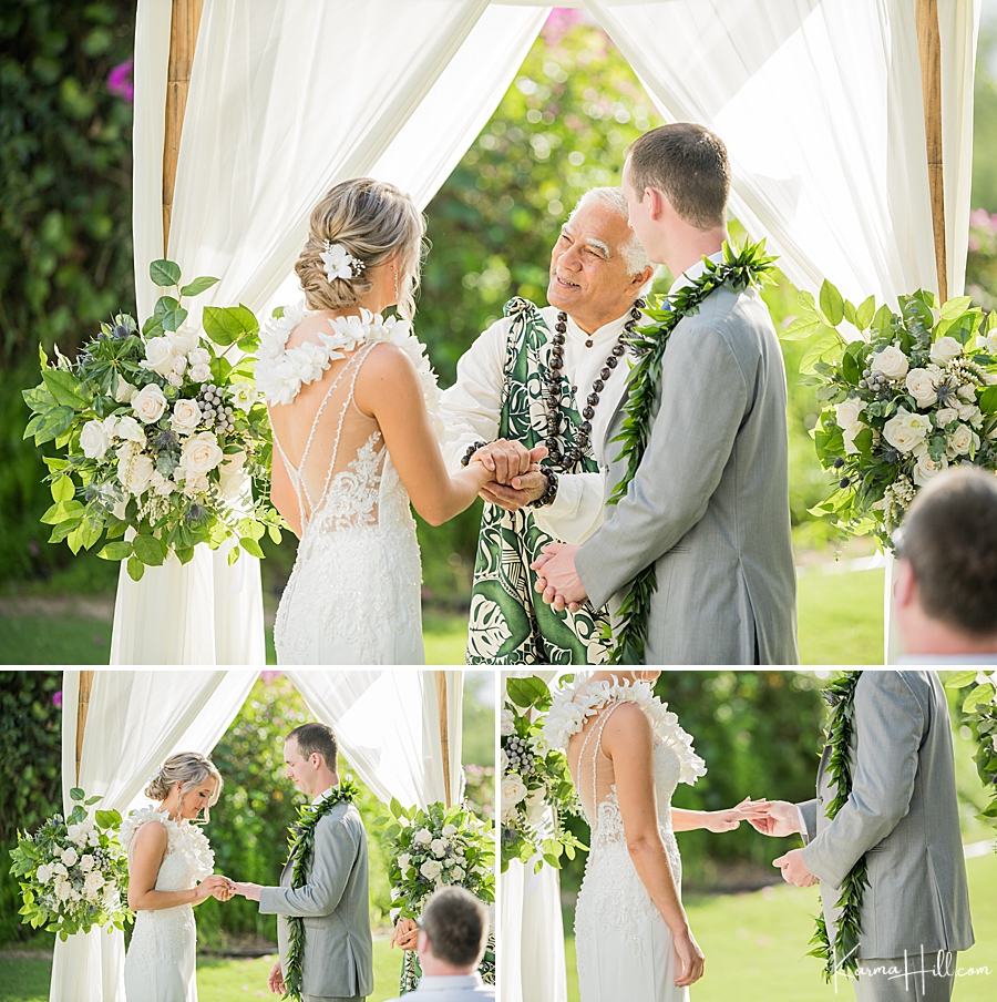 bride and groom with hawaiian minister 