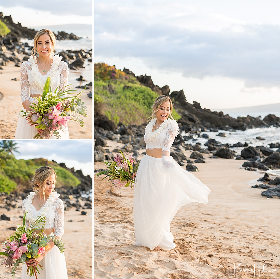 bride in a two piece wedding dress spins on the beach with an eucalyptus bouquet 