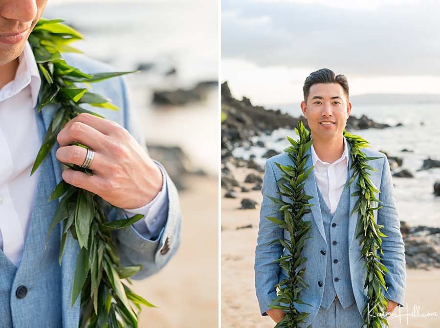 groom in baby blue suit with maile lei 