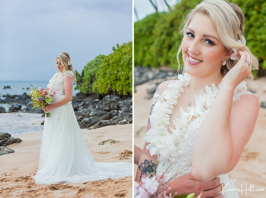 beautiful bride closeup on hawaii beach 