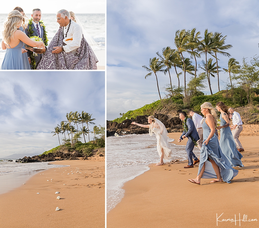 petal toss into an ocean for hawaii wedding 