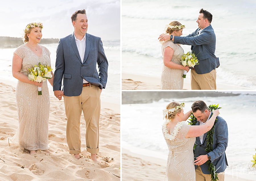 bride and groom exchange leis during their maui wedding at ironwoods beach 