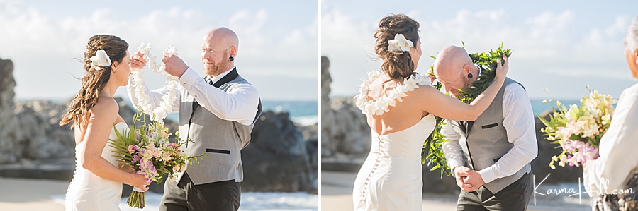 bride and groom exchange leis in hawaii 
