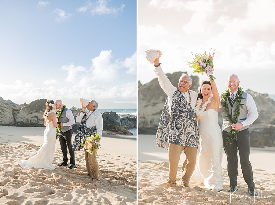 bride and groom cheer after wedding in hawaii 