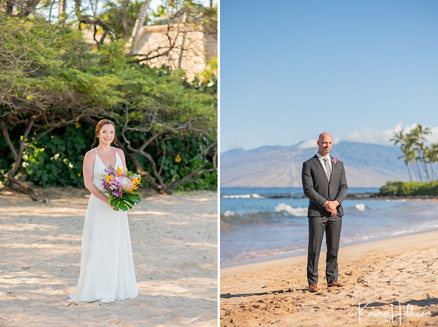 bride and groom see each other for the first time during their maui beach wedding 