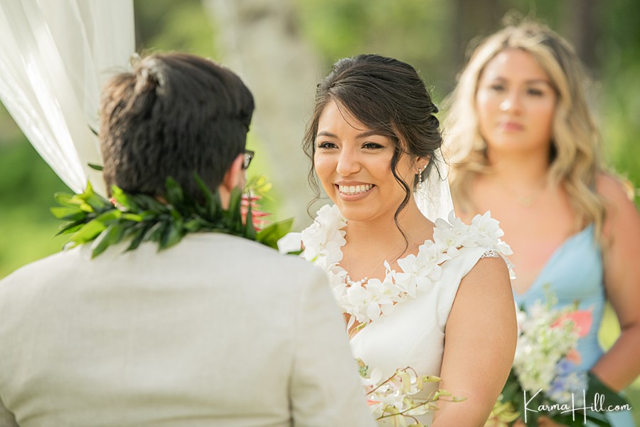 close up of bride's smiling face during hawaii wedding 