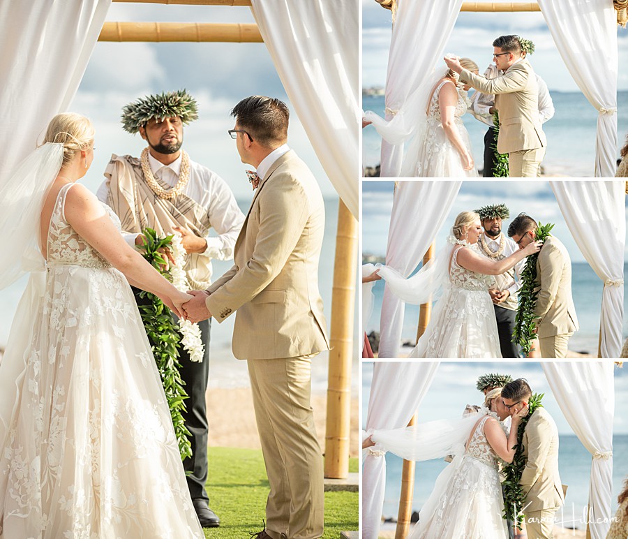 bride and groom exchange leis during their wedding in hawaii 