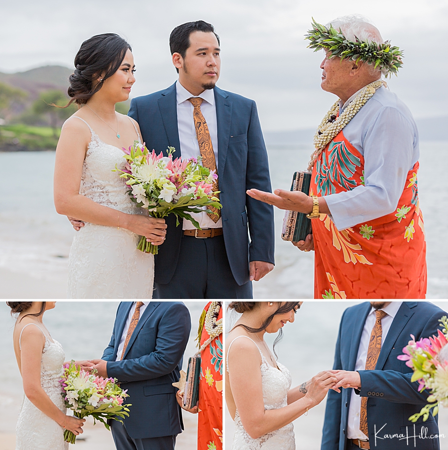 hawaiian minister presents the rings for a beach wedding 