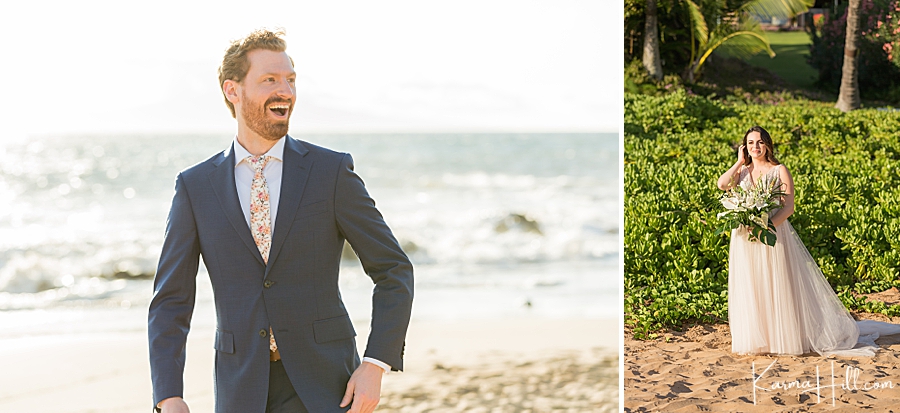 groom sees bride for the first time during their beach wedding 