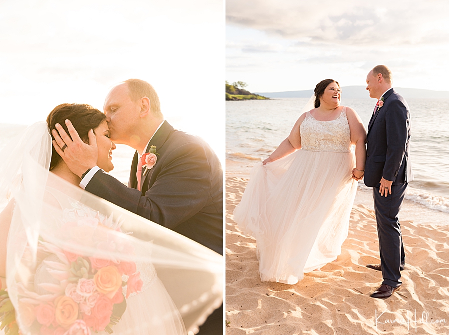 beautiful plus size bride and groom in black suit on maui beach 