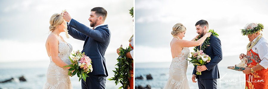 couple exchange leis during their wedding in hawaii 