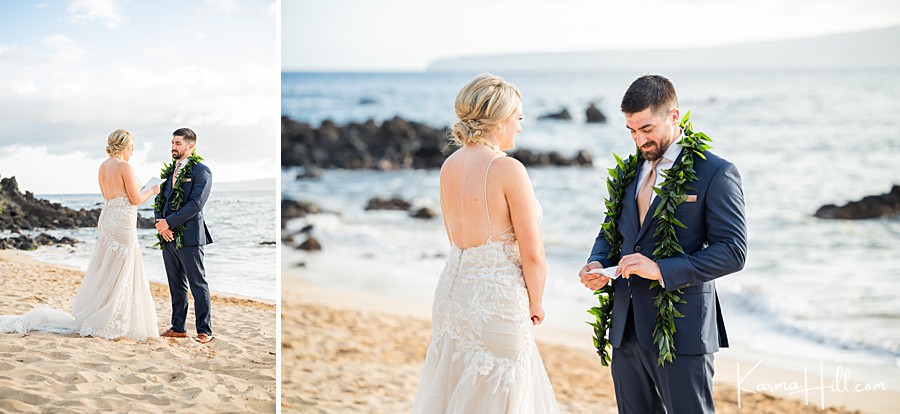 bride and groom read their vows on a maui beach 