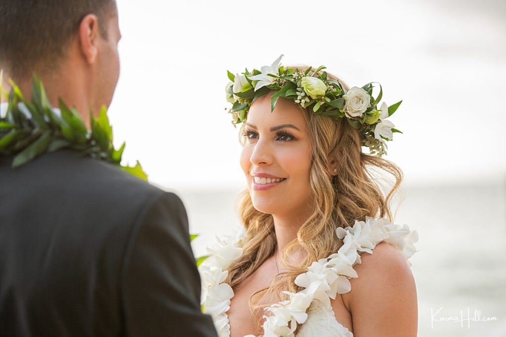 close up of a bride in hawaiian flower crown 