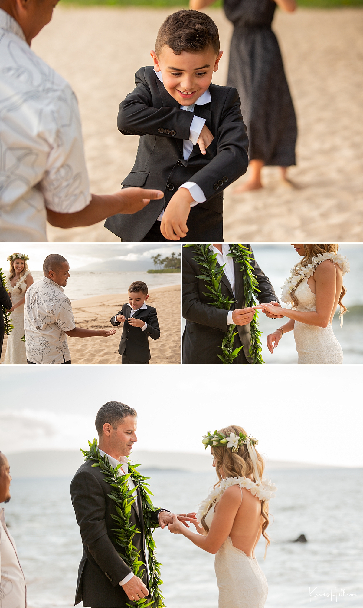 adorable ring bearer delivers the rings to hawaiian reverend 