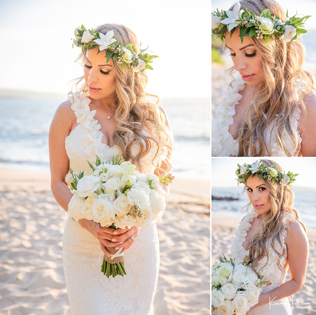 beautiful bride in a hawaiian flower crown on a maui beach 
