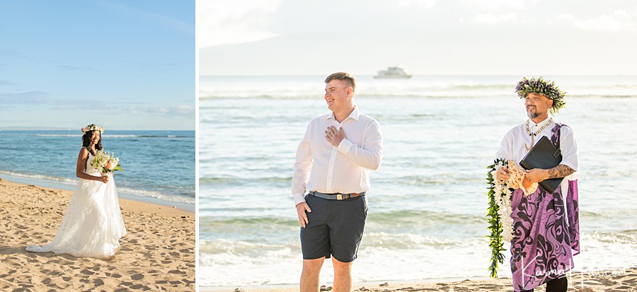 groom sees bride for the first time on maui beach 