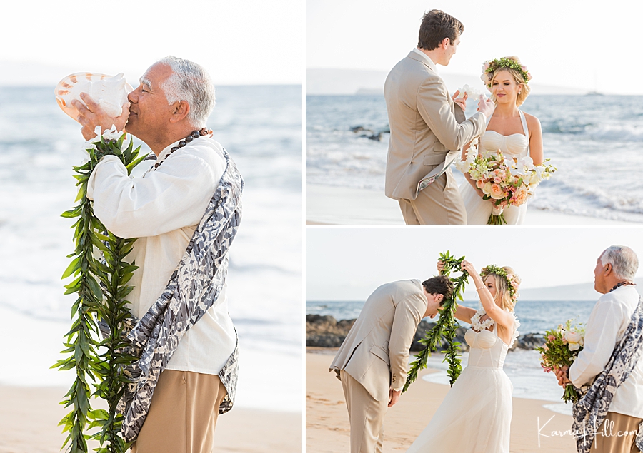 bride and groom exchange leis during their maui wedding 