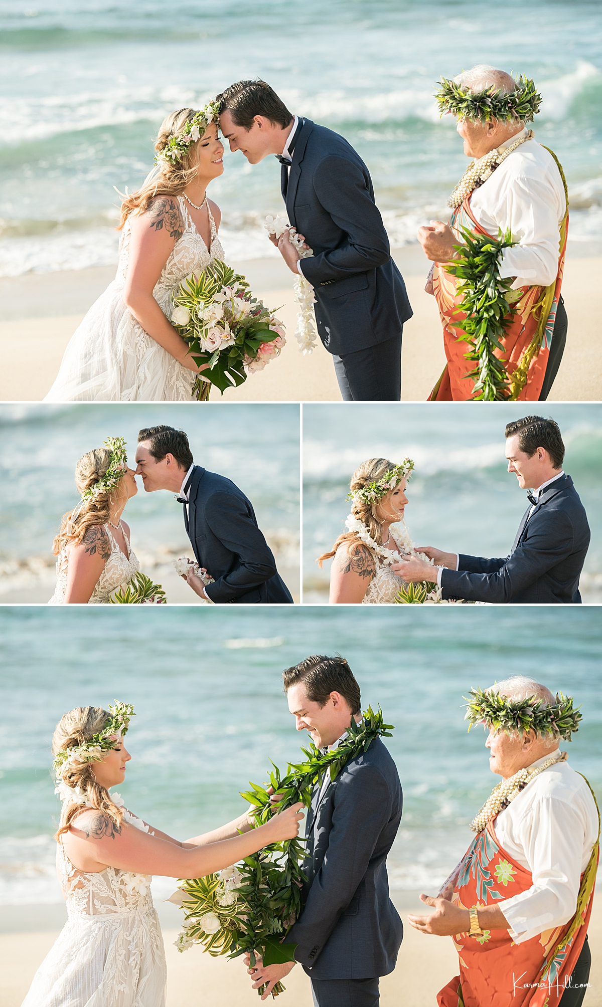 bride and groom touch faces during their beach wedding 