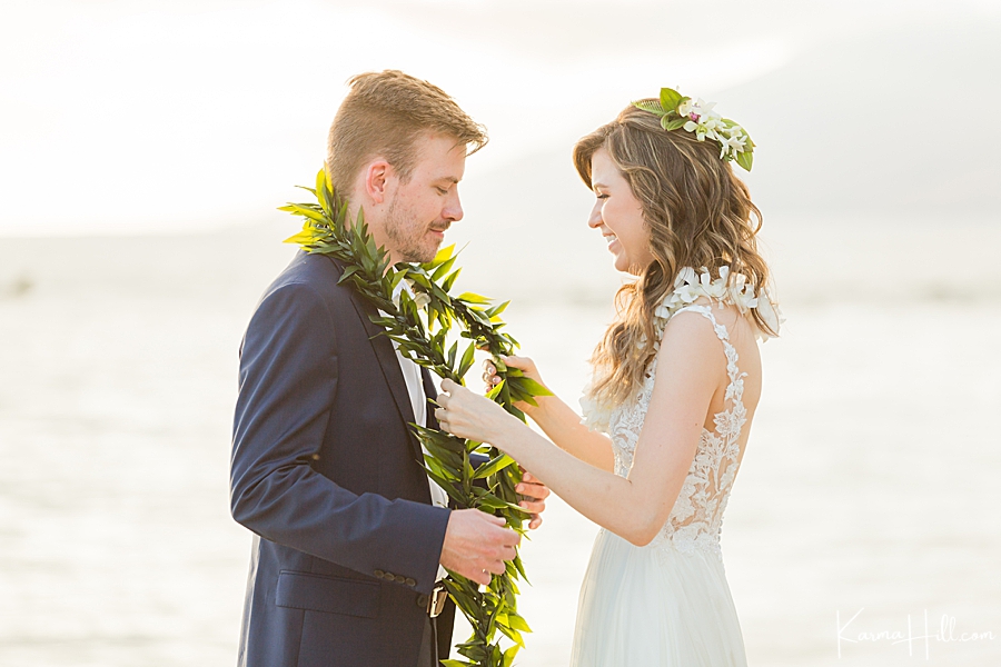 Hawaiian ceremony at a beach wedding in Maui