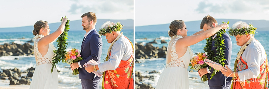 bride and groom exchange leis during their hawaii wedding 