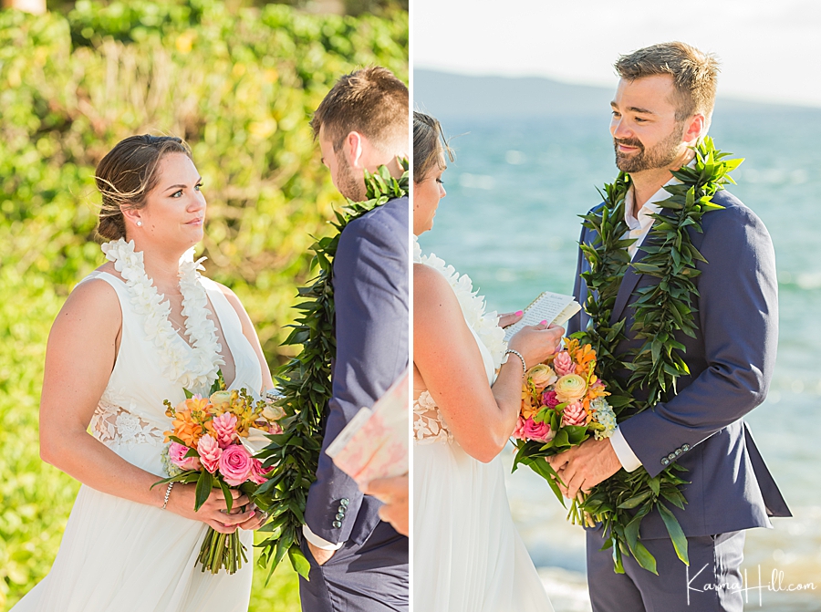 real vow exchange during beach wedding 